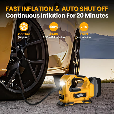 Cordless Tire Inflator Air Compressor for Cars and Bikes on the Go with 150 PSI, LED Light and Digital Pressure Gauge inflating a car tire
