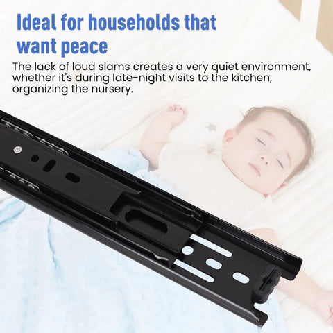 Close-up of 10 Inch Drawer Slides 2 Pairs Black Full Extension Ball Bearing 3 Fold Metal Dresser Runners 100 Lb Load with sleeping baby