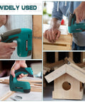 Cordless 2 In 1 Brad Nailer And Stapler Kit With USB Charger Cable in use for upholstery, carpentry, and home repair tasks.