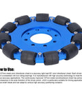 Blue 5-inch omnidirectional wheel for robots with silicone rollers and dual bearings for smooth mobility and low vibration.