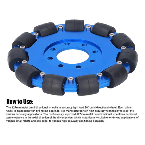 Blue 5-inch omnidirectional wheel for robots with silicone rollers and dual bearings for smooth mobility and low vibration.
