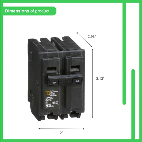 Dimensions of Homeline 40 Amp 2 Pole Circuit Breaker For Residential 120 To 240V AC Plug In Mount 10kA Breaking Capacity UL Listed