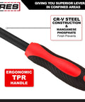 Close-up of ergonomic TPR handle on 16 Inch Indexable Pry Bar With 11 Position Adjustable Head and Chrome Vanadium Steel construction.