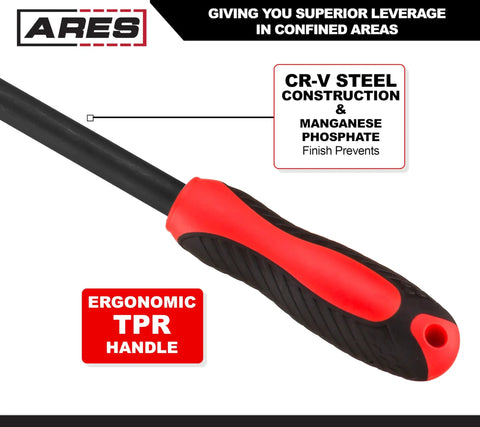 Close-up of ergonomic TPR handle on 16 Inch Indexable Pry Bar With 11 Position Adjustable Head and Chrome Vanadium Steel construction.