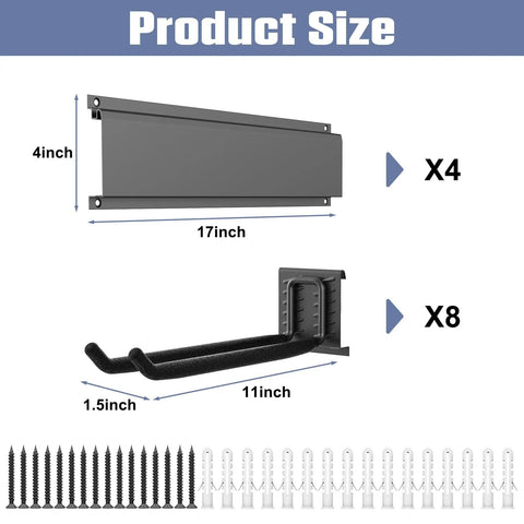 Wall Mounted Garden Tool Organizer For Garage Heavy Duty Tool Rack diagram with 17-inch tracks and 11-inch hooks dimensions.