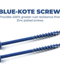 Two Blue-Kote Pocket-Hole Screws 2-1/2 Inch Weather Resistant Maxi-Loc Head Coarse Thread shown with rust resistance text.