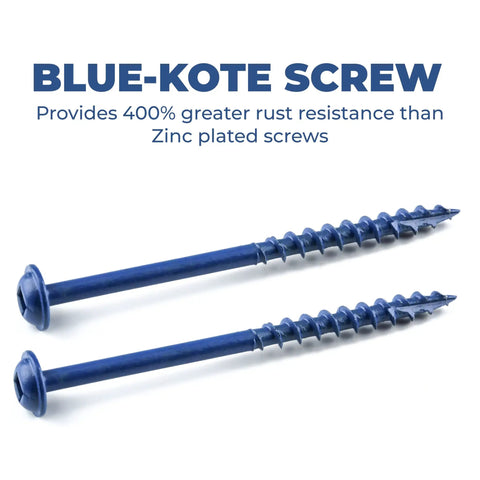 Two Blue-Kote Pocket-Hole Screws 2-1/2 Inch Weather Resistant Maxi-Loc Head Coarse Thread shown with rust resistance text.