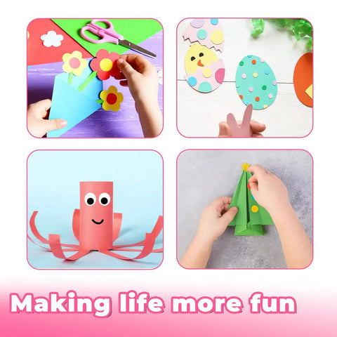 Collage of crafting with scissors, flowers, eggs, octopus figure, and Christmas tree showcasing creative DIY projects.