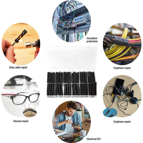 180 Piece Heat Shrink Tubing Kit With Adhesive Lined Three To One Shrink Ratio For Electrical Insulation And Marine Wire Repair, 7 Sizes, Durable Waterproof Flame Retardant Tubes Make DIY Repairs A Breeze, shown used in repairs like data cable, glasses, earphones, and electrical DIY.
