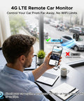 Person using a smartphone app for 4G LTE Wireless Dash Cam With Front And Interior Cameras, Remote Live View, in an office setting.