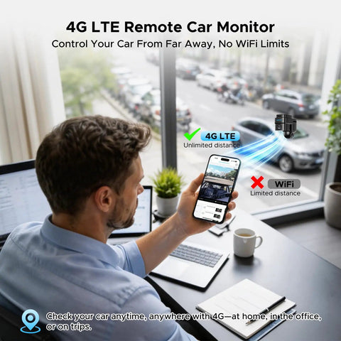 Person using a smartphone app for 4G LTE Wireless Dash Cam With Front And Interior Cameras, Remote Live View, in an office setting.