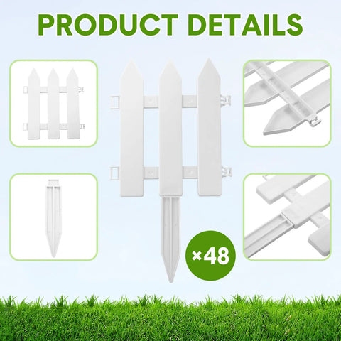 48 Count White Classic Garden Fence Panels With Fence Inserts For Yard Upgrade And Border Edging, No-Fuss Easy Install Outdoor Border Kit Measuring 6.69 Inches Long By 7.87 Inches High.
