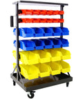 Six-Tier Dual-Sided Storage Organizer Rolling Bin Rack With Sixty Plastic Bins, Heavy-Duty Steel Frame On Wheels For Garage, Workshop, Office And DIY Projects