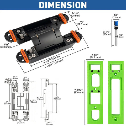 Diagram of 7 Inch Heavy Duty Self Closing Hidden Door Hinge With Adjustable Speed Control showing dimensions and components