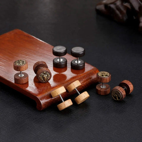 8 Pairs 16G And 18G Wood Turquoise And Stainless Steel Fake Ear Gauges Set on wooden display