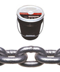 Hardcore Galvanized Proof Coil Chain Bulk Roll Low Carbon Steel Grade 30 2650 Pound Breaking Strength in a bucket with close-up view.