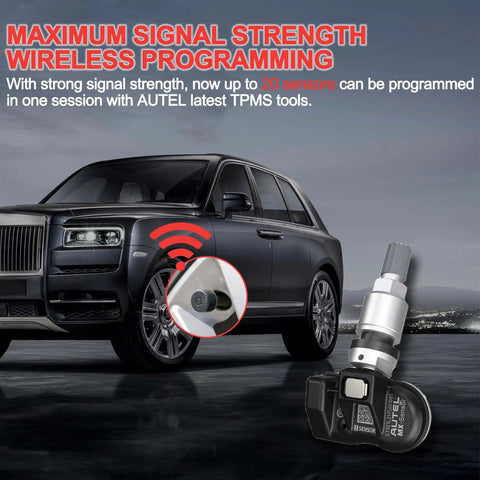 Car with wireless MX Sensor TPMS Set Of 4 Programmable All In One 315MHz 433MHz Press In TPMS Sensors With Metal Valves.