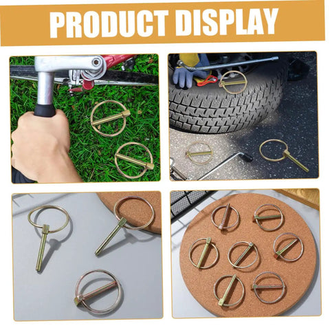12 Piece Heavy Duty Lynch Pin Kit Locking Clips For Farm Tractors Trailers And Mowers, Bulk Supply For Agricultural And Industrial Use, Durable Wear Resistant Construction, Easy Release, Secure Latch Pins For Trailer Safety, shown in close-up