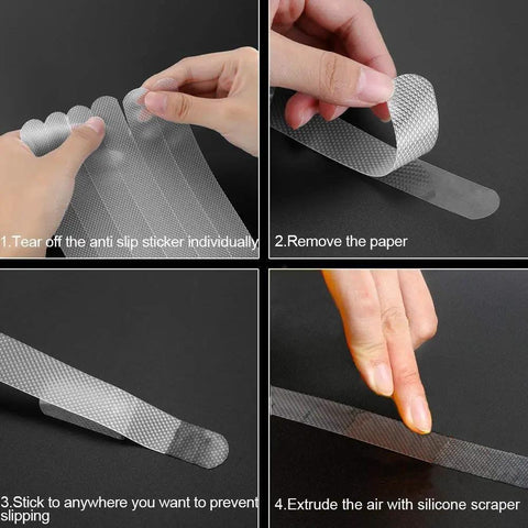 Step-by-step application of Grippy Non Slip Bathtub And Shower Stickers Set 24 Pieces 8 By 0.8 Inch Anti Skid Treads Tape
