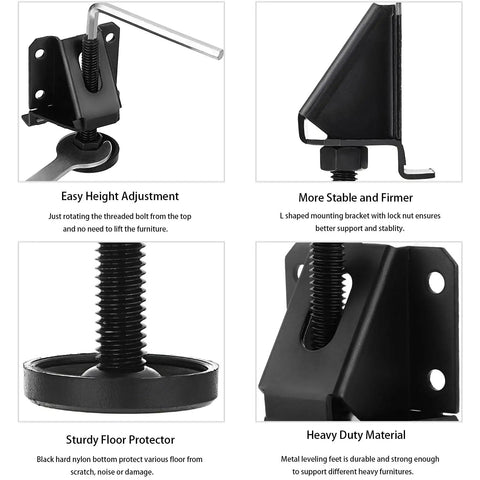 Four Pack Adjustable Furniture Leveling Feet Heavy Duty Support Up To 2000 Lb Capacity With 0 To 2.6 Inch Height Adjustment And Black Finish With Durable Zinc Plated Construction And Anti Slip Floor Protectors For Stable Level Surfaces. Black metal leveling foot with L bracket, wrench, and floor protector