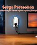 Beefy Built Refrigerator Surge Protector With 1200J Surge, Voltage Guard for Fridge and Freezer, plugged into wall next to computer