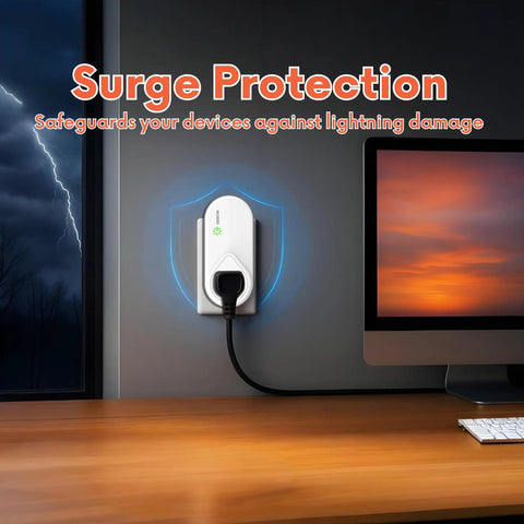 Beefy Built Refrigerator Surge Protector With 1200J Surge, Voltage Guard for Fridge and Freezer, plugged into wall next to computer