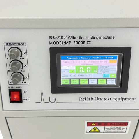 Triple Axis Vibration Test Bench With 132 Lb Load Capacity One To Four Hundred Hz Variable Frequency Vibrometer Analyzer One Point Five KW Motor front control panel and touchscreen