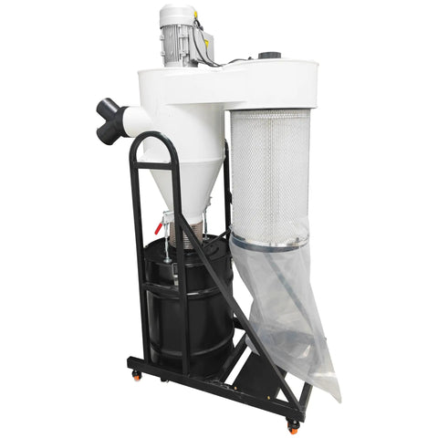 Pro Grade Cyclone Dust Collector With Dual Inlet Designed For Woodworking Shops offers a 100L bin and 2.95HP copper motor.