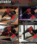 Upgraded Brushless Cordless Rivet Gun Tool Compatible With Milwaukee 18v Battery Includes Three Sizes Aluminum Rivets And Bright LED Light For Daily Workhorse Tasks No Battery Included Red shown in various applications like DIY, construction, manufacturing, and home maintenance.