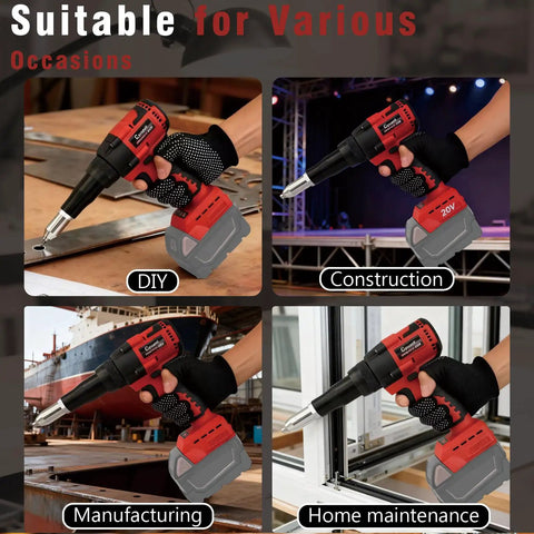 Upgraded Brushless Cordless Rivet Gun Tool Compatible With Milwaukee 18v Battery Includes Three Sizes Aluminum Rivets And Bright LED Light For Daily Workhorse Tasks No Battery Included Red shown in various applications like DIY, construction, manufacturing, and home maintenance.