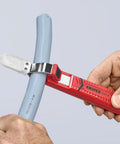 Heavy Duty Cable Stripper Tool For 8 To 28 Millimeter Wires, 9 Inch Length in use on blue cable