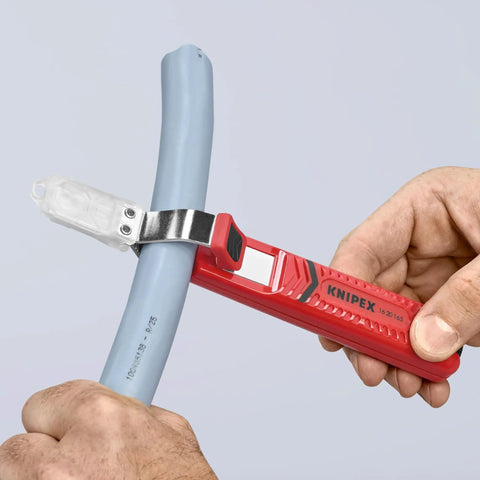 Heavy Duty Cable Stripper Tool For 8 To 28 Millimeter Wires, 9 Inch Length in use on blue cable
