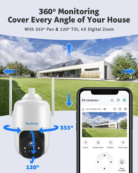 Solar Powered Outdoor Security Camera Wire-Free No Fuss 2K 360 Degree PTZ with mobile app and house view