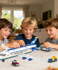 Children building 6 In 1 Airport Passenger Plane Building Set With 510 Pieces For STEM Play Including Baggage Truck Shuttle Bus Boarding Stairs