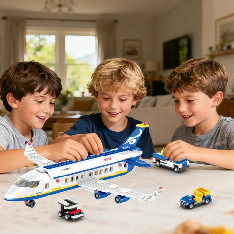 Children building 6 In 1 Airport Passenger Plane Building Set With 510 Pieces For STEM Play Including Baggage Truck Shuttle Bus Boarding Stairs