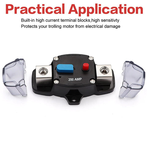 200 Amp 12-24V Manual Reset Circuit Breaker for Trolling Motors and Marine RV Power Systems Inline Fuse Block Holder 0-8 Gauge black housing