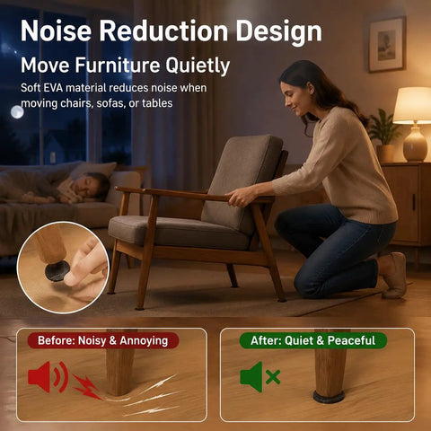 Woman applying 48 Count No Slip EVA Furniture Pads With Self Adhesive Backing For Chairs Couches Tables Feet Anti Scratch Floor Protectors