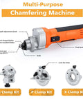 Front view of Amazon orange handheld chamfer tool with depth knob and diamond blades; includes three clamp kits: G, P, X.
