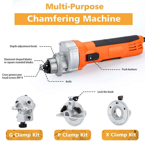 Front view of Amazon orange handheld chamfer tool with depth knob and diamond blades; includes three clamp kits: G, P, X.