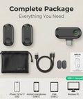 Complete package of Wireless Mini Lapel Microphone For iPhone And Android, including receiver, transmitters, cables, and pouch.