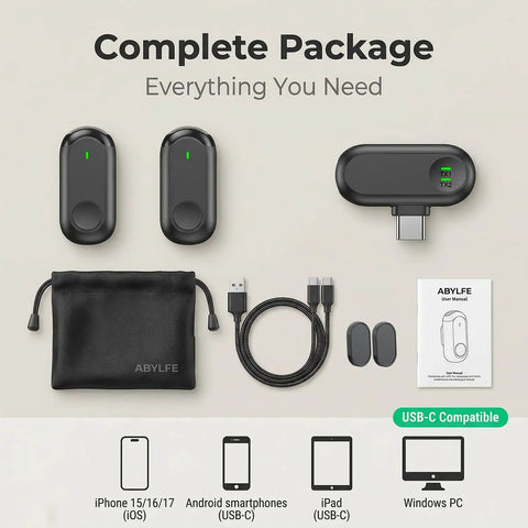 Complete package of Wireless Mini Lapel Microphone For iPhone And Android, including receiver, transmitters, cables, and pouch.
