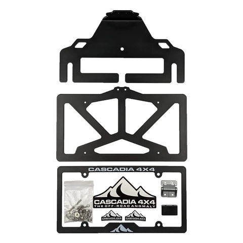 Flipster V3 Winch Plate Mounting System For 4x4s Featuring Hawse Roller And Recessed Fairlead Compatibility Stainless Hardware High Torque Hinge UV Rated Powder Coat Finish Built To Take On Tough Trails Fits Standard 10 Inch Winch Fairleads, black steel plates and hardware