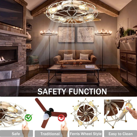 Low Profile Caged Ceiling Fan With Lights Remote Control Flush Mount Dope Modern Industrial Design 6 Speeds Reversible Blades Ferris Wheel Style Includes Bulbs White in a rustic living room setting, showcasing its Ferris wheel design and safety features.