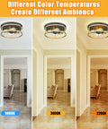 Black And Gold Flush Mount Ceiling Light Fixture Two Light Vintage Farmhouse Ceiling Mount showing three different color temperatures in hallway.