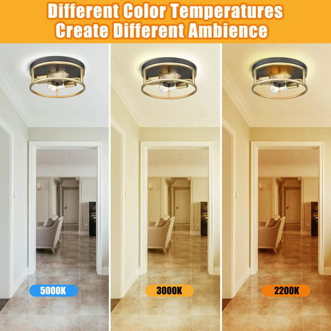 Black And Gold Flush Mount Ceiling Light Fixture Two Light Vintage Farmhouse Ceiling Mount showing three different color temperatures in hallway.