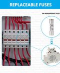 Heavy Duty 6 String Solar Combiner Box With Stout Metal Enclosure, 20A Fuse Protection, Surge Guard, and 63A Breaker, interior view