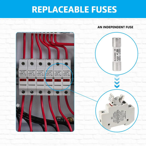 Heavy Duty 6 String Solar Combiner Box With Stout Metal Enclosure, 20A Fuse Protection, Surge Guard, and 63A Breaker, interior view