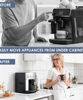 Before and after using Smooth As Butter Sliding Tray For Coffee Maker With Silent Rubber Wheels, showing easy appliance movement.