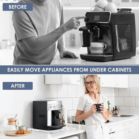 Before and after using Smooth As Butter Sliding Tray For Coffee Maker With Silent Rubber Wheels, showing easy appliance movement.