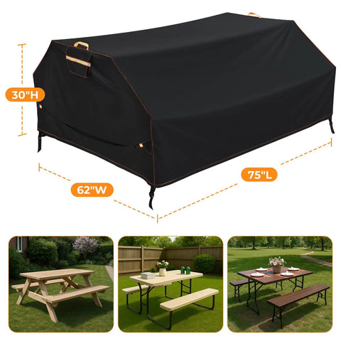 All Weather 6 Ft Picnic Table Cover With Waterproof 420D Oxford Cloth Heavy Duty Windproof UV Protection Adjustable Straps And Air Vent Fits 70 And 72 Inch Outdoor Tables Black